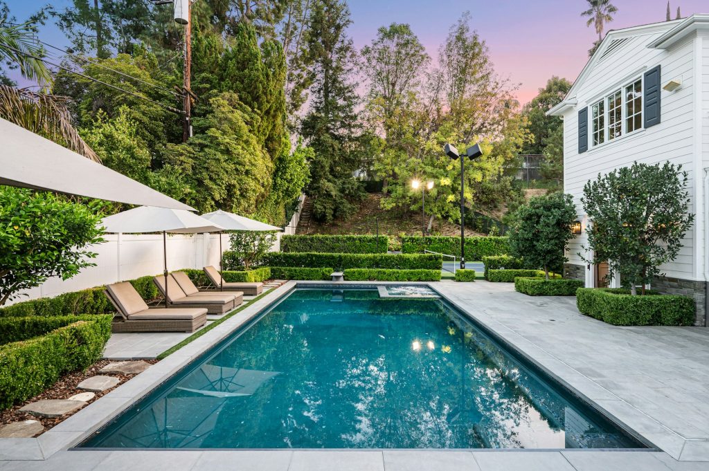 Backyard pool in a new construction home in Encino, California