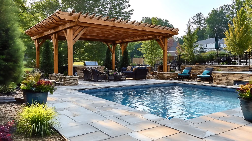 A luxurious backyard oasis features a modern pergola, an in-ground pool, comfortable patio furniture, stone retaining walls, and lush landscaping, creating a sophisticated outdoor living space.