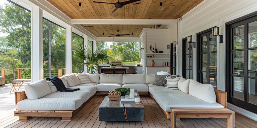 Modern beach coastal veranda porch sofa pillows lounge white paint natural timber wood deck roof Hamptons luxury BBQ backyard patio house resort vibes contemporary Cape Cod summer home outdoor living